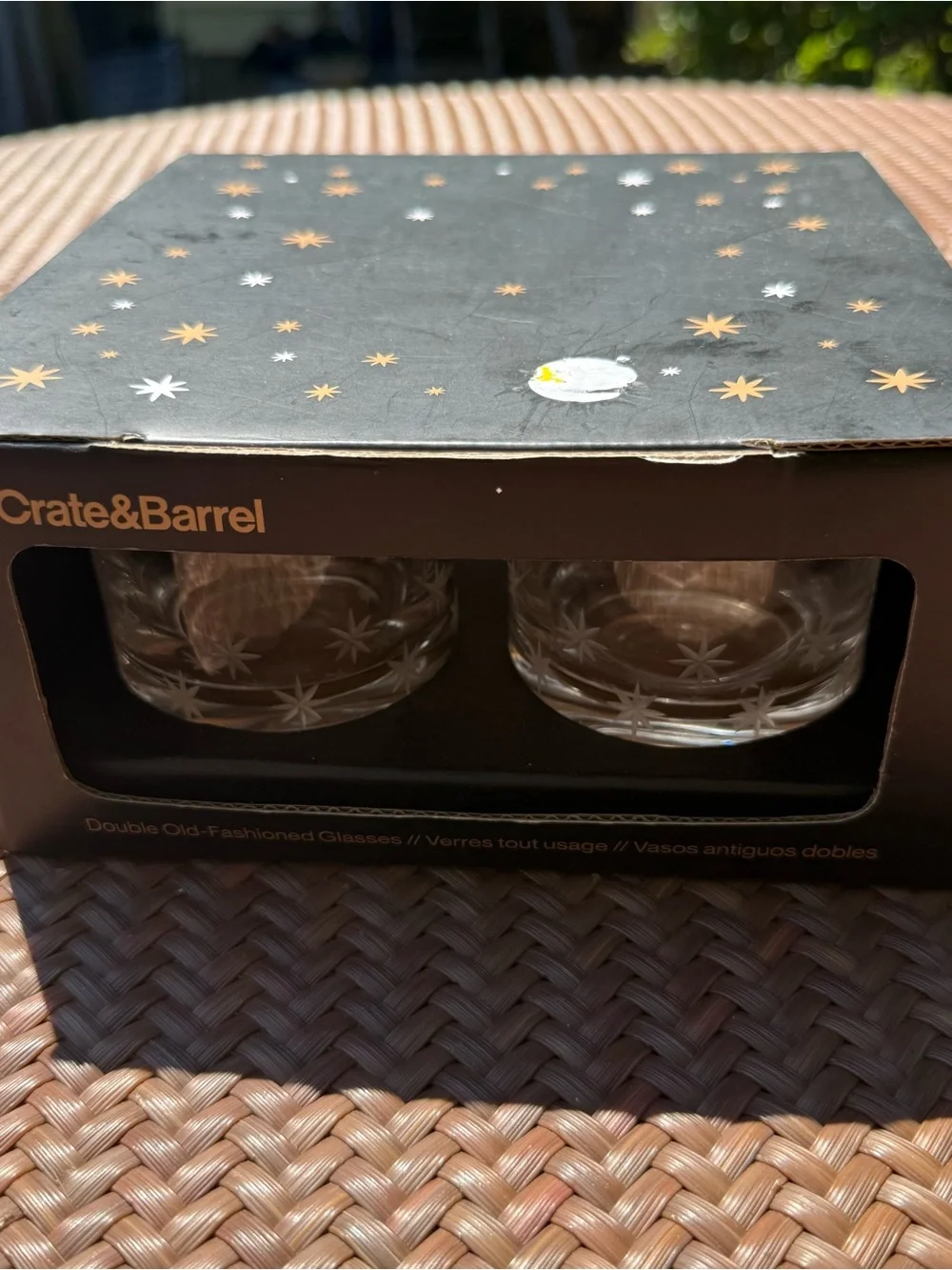 Crate & Barrel Double Old Fashioned Glasses Etched Starburst MCM Cocktail Set